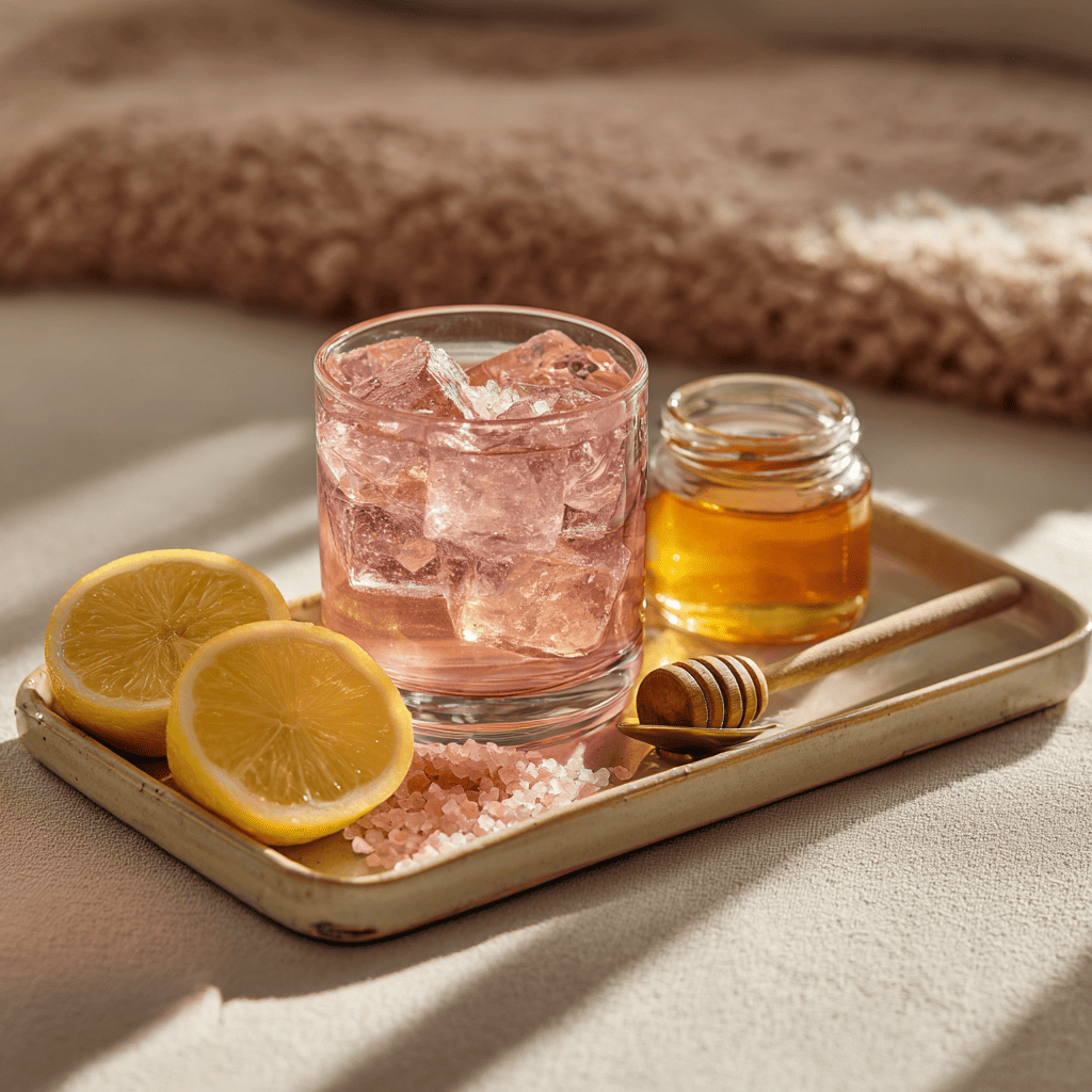 Pink Salt Recipe for Weight Loss — Simple Morning Ritual 5 Glass of refreshing pink salt recipe drink with lemon, honey and ice cubes on a tray