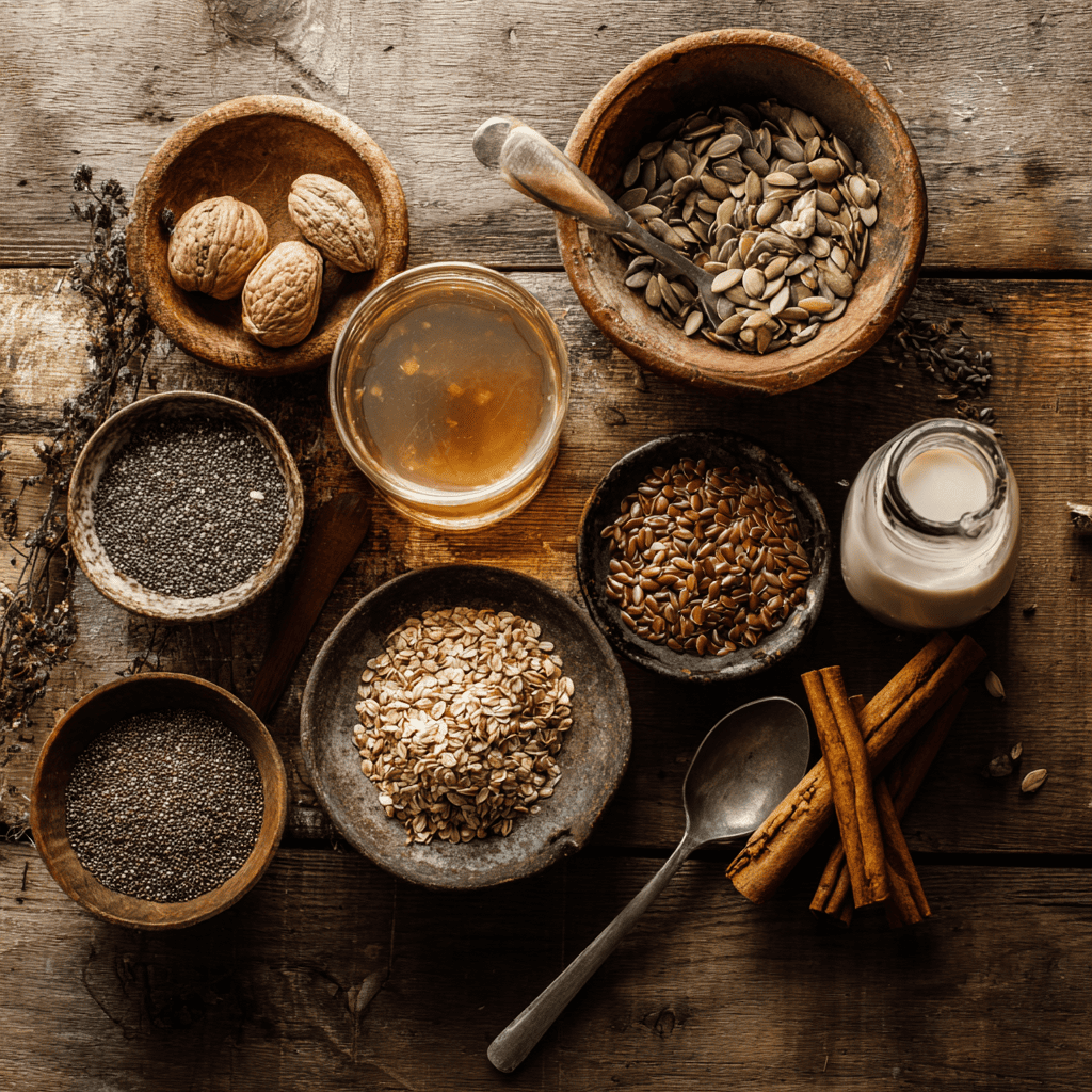 Bariatric Seed Ritual Recipe That Boosts Digestion and Energy 4 Natural ingredients for a bariatric seed ritual recipe arranged on a rustic wooden table, including seeds, nuts, plant-based milk