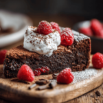 Gluten-Free Desserts That Taste Amazing and Are Easy to Make 11 Rich flourless chocolate cake topped with whipped cream and raspberries, a delicious gluten-free desserts treat.