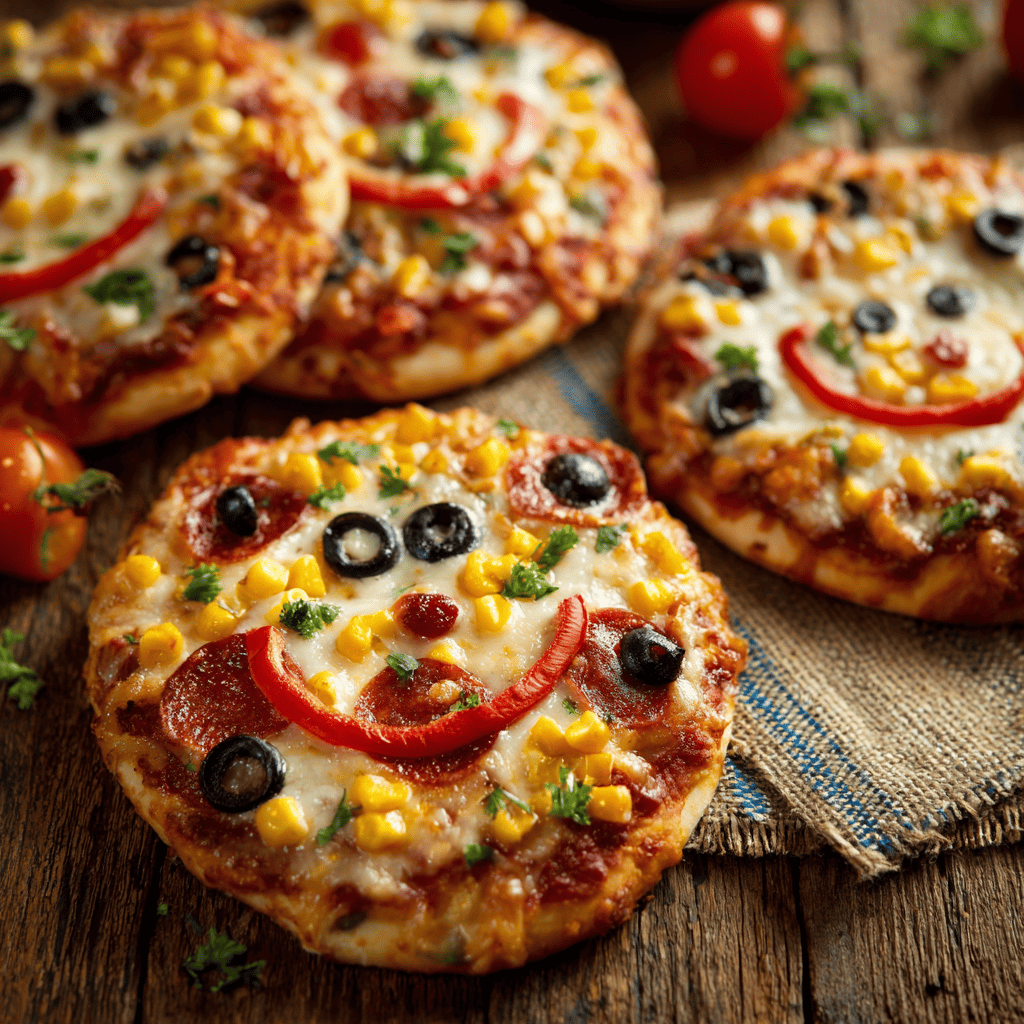 Kiddies Pizza Delight That Makes Mealtime Fun and Easy 5 Smiley face kiddies pizza with cheese, olives, corn, and mini pepperoni
