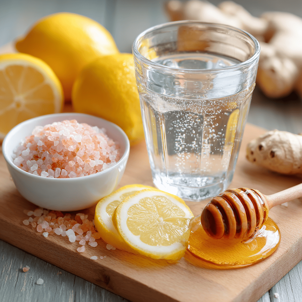 Pink Salt Recipe for Weight Loss — Simple Morning Ritual 7 Ingredients for pink salt recipe including water, pink Himalayan salt, lemon, honey, and ginger