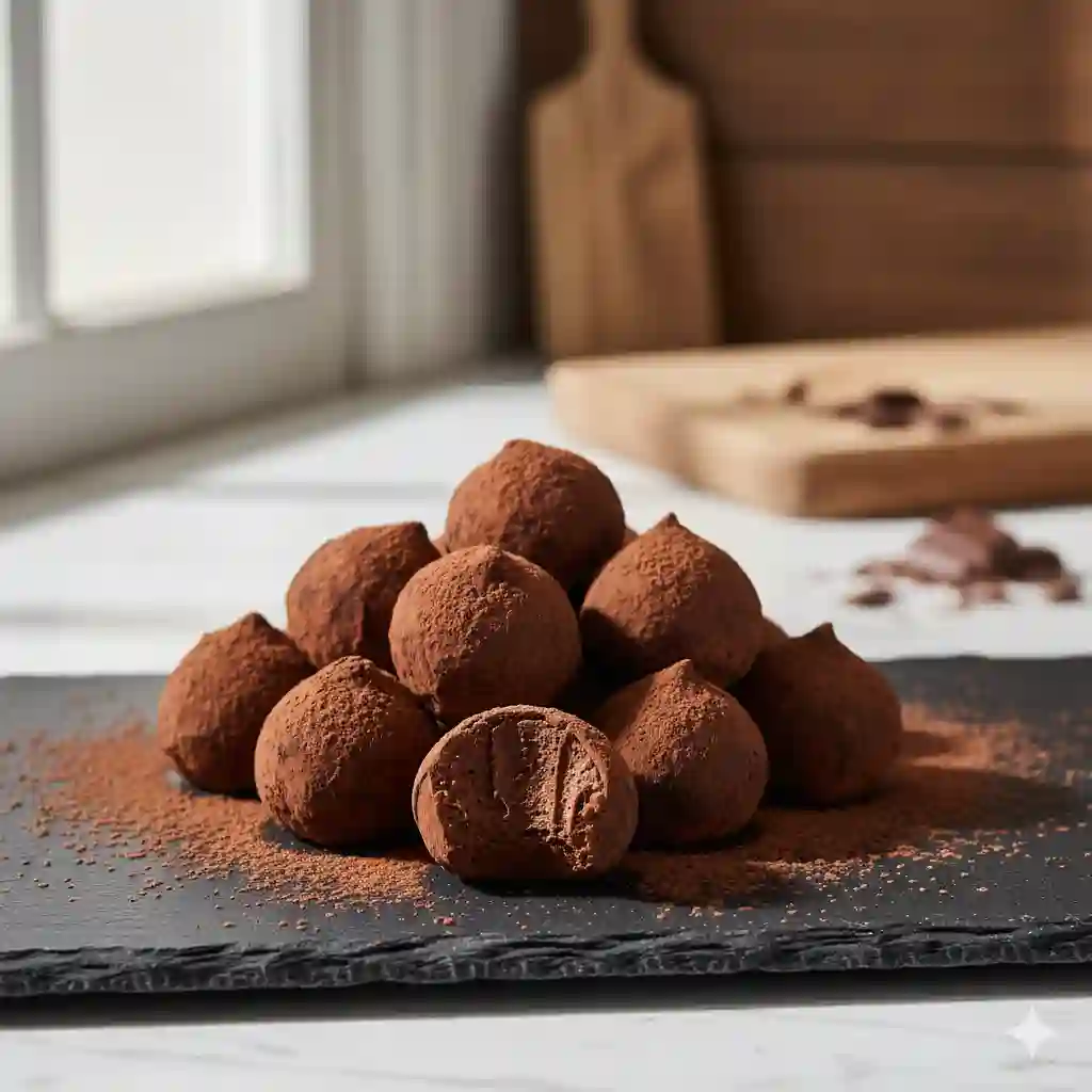 The Ultimate Guide to Perfect Gluten Free Chocolate Truffles 6 A pile of decadent homemade gluten free chocolate truffles dusted with cocoa powder, with one truffle showing its creamy ganache interior.