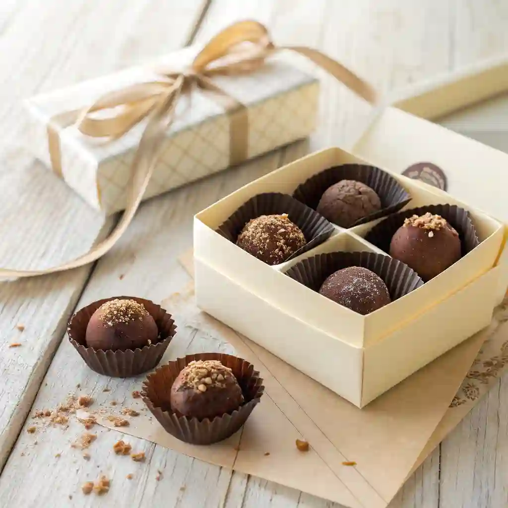 The Ultimate Guide to Perfect Gluten Free Chocolate Truffles 8 Finished gluten free chocolate truffles beautifully arranged in a gift box with a ribbon, ready for gifting.