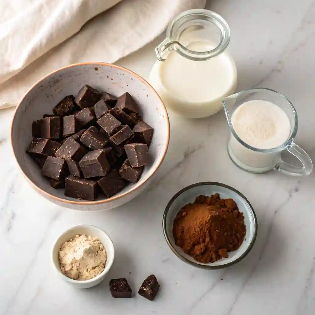The Ultimate Guide to Perfect Gluten Free Chocolate Truffles 7 Ingredients for making gluten free chocolate truffles, including dark chocolate chunks, heavy cream, and cocoa powder, arranged on a marble surface.