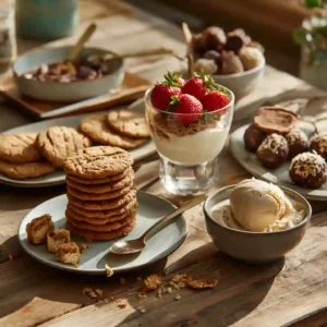 A bright tabletop featuring a variety of easy gluten free desserts, including flourless peanut butter cookies, a berry parfait, and chocolate-dipped strawberries.