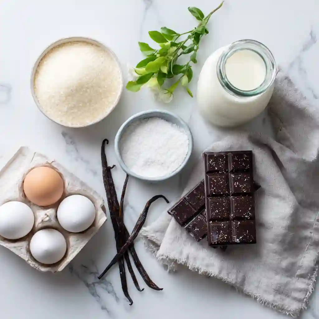 35+ Naturally Gluten Free Desserts (No Special Flours or Gums Needed) 3 Core ingredients for naturally gluten free desserts like eggs, sugar, cream, and chocolate arranged neatly on a marble countertop.