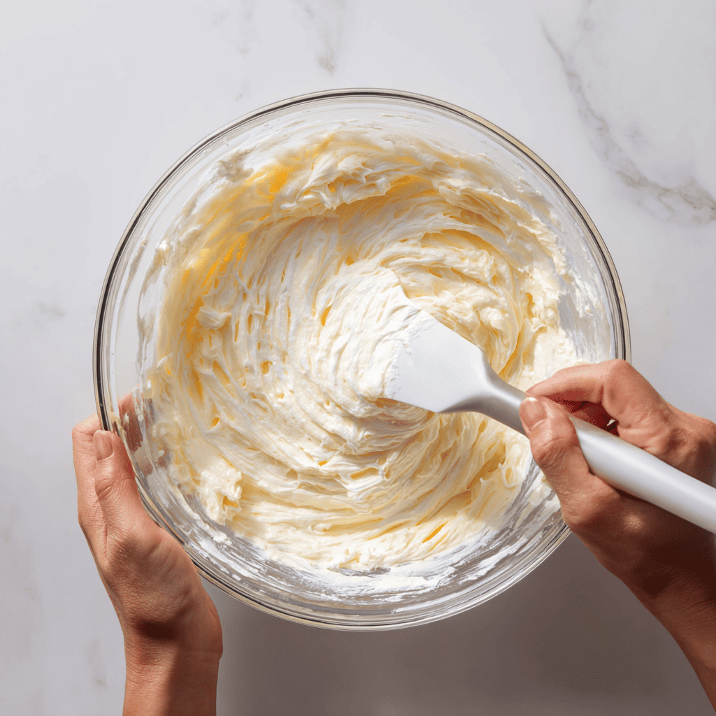 The Best Keto Bread Recipe (Soft, Fluffy & Easy to Make) 16 Hands gently folding the flour mixture into whipped egg whites with a spatula for the keto bread recipe batter.