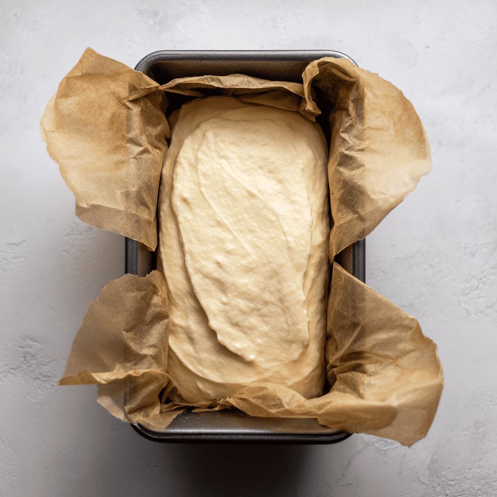 The Best Keto Bread Recipe (Soft, Fluffy & Easy to Make) 17 The finished keto bread recipe batter smoothed into a parchment-lined loaf pan before baking.