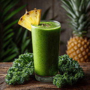 Detox island green smoothie in a glass with tropical garnish