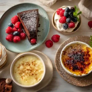 A beautiful spread of naturally gluten free desserts on a wooden table, including flourless chocolate cake, pavlova, crème brûlée, and rice pudding.