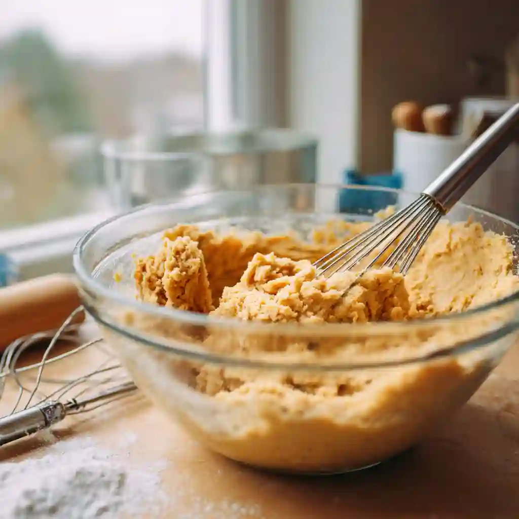 mixing-gluten-free-peanut-butter-cookie-dough A clear glass bowl containing a mix of cookie dough being stirred with a metal whisk, suitable for gluten free peanut butter cookies.