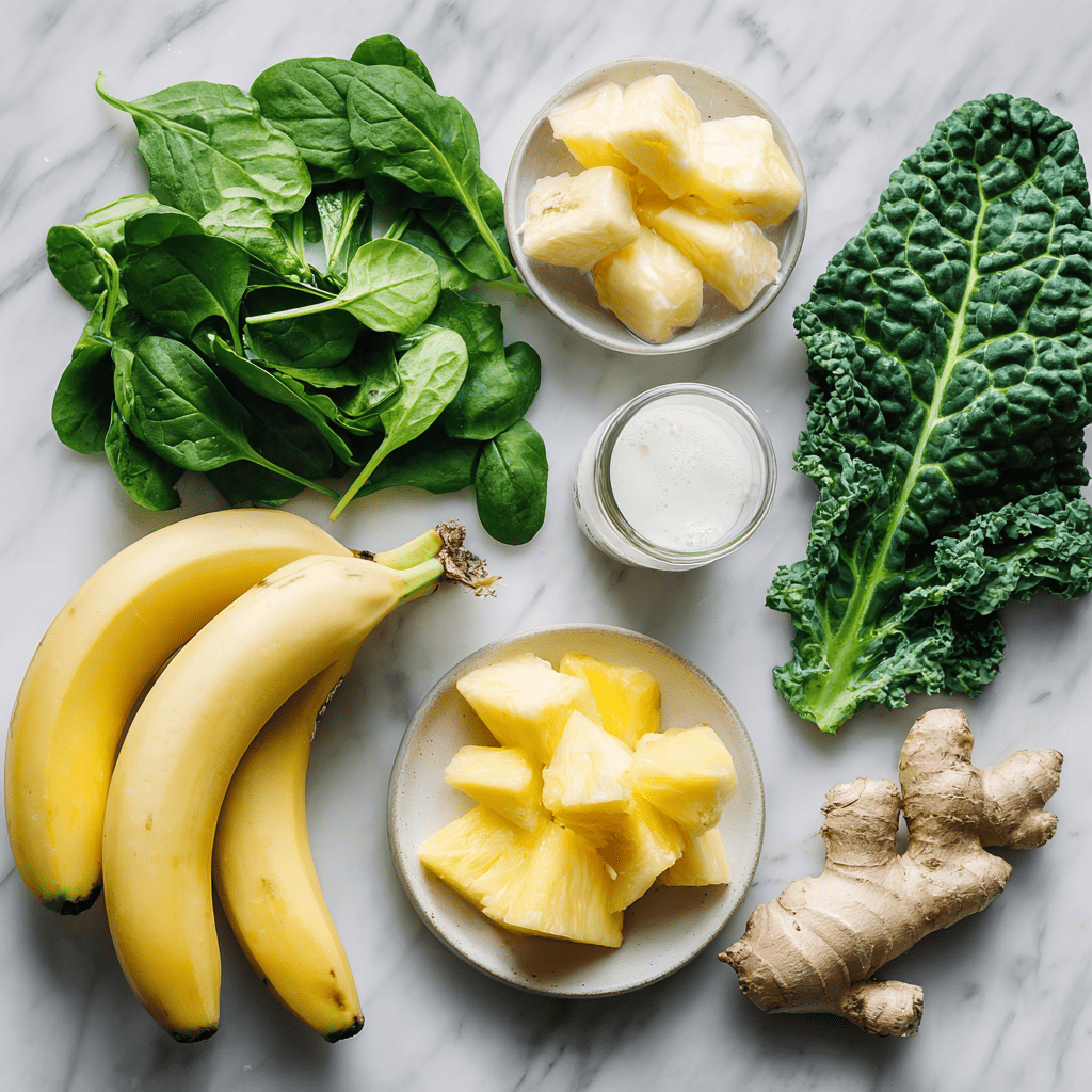 Detox Island Green Smoothie Recipe That Actually Tastes Better 7 Detox island green smoothie ingredients flat lay
