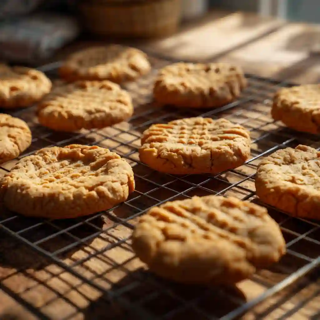 The Best Gluten Free Peanut Butter Cookies (Crispy, Chewy & No-Fail!) 10 Freshly baked gluten free peanut butter cookies cooling on a wire rack with dappled sunlight.