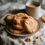 The Best Gluten Free Peanut Butter Cookies (Crispy, Chewy & No-Fail!) 11 A plate of freshly baked gluten free peanut butter cookies, one with a bite taken out, next to a mug of hot cocoa on a grey linen cloth.