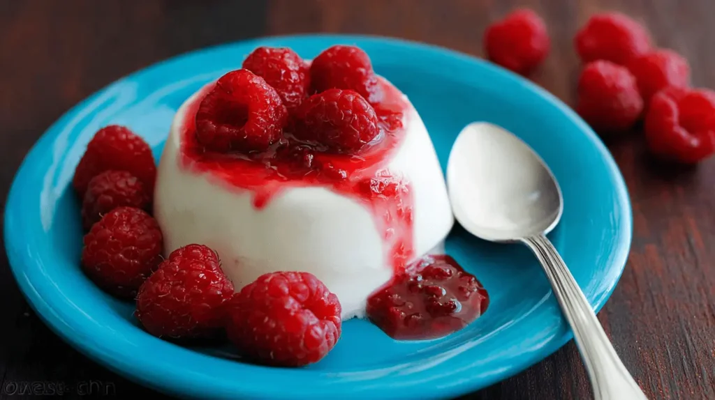 Easy Panna Cotta Recipe with Fresh Berry Sauce 2 Delicious raspberry panna cotta recipe served on a vibrant blue plate with fresh berries.