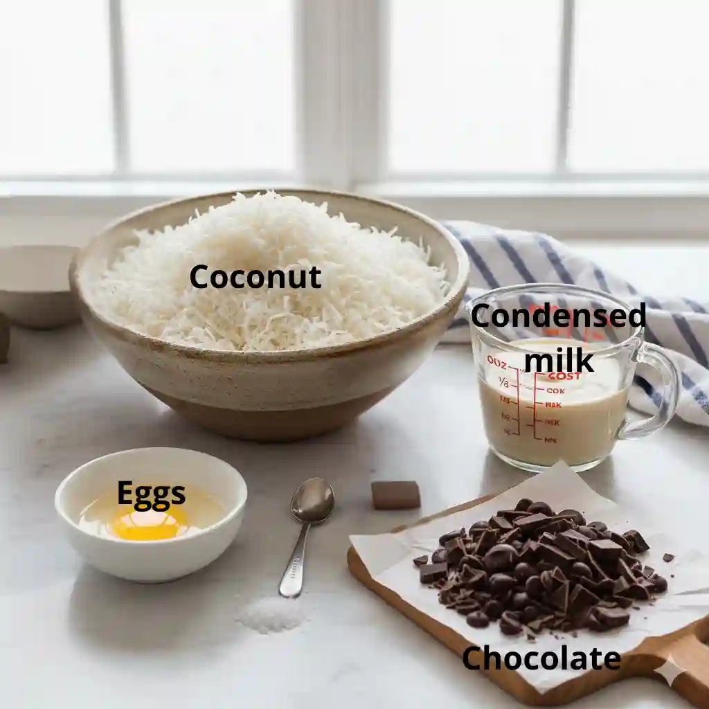 A flat lay showing all the essential ingredients for a coconut macaroons recipe, including shredded coconut, condensed milk, and chocolate.
