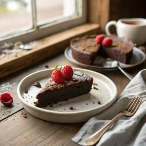 Decadent Flourless Chocolate Cake Recipe 3 Flourless chocolate cake slice with ice cream and raspberries on a rustic plate