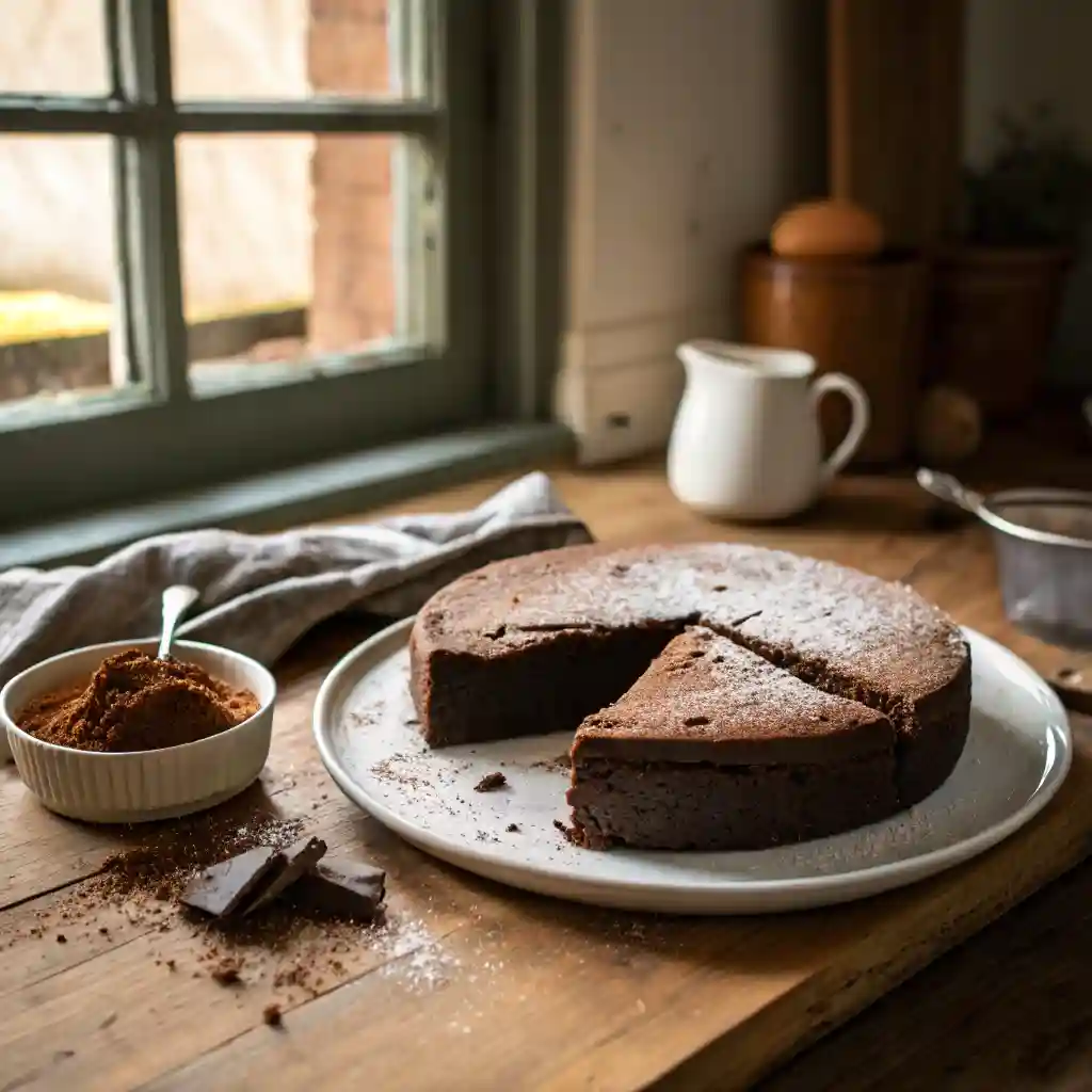 Flourless chocolate cake recipe showing dense fudgy slice on a rustic kitchen table