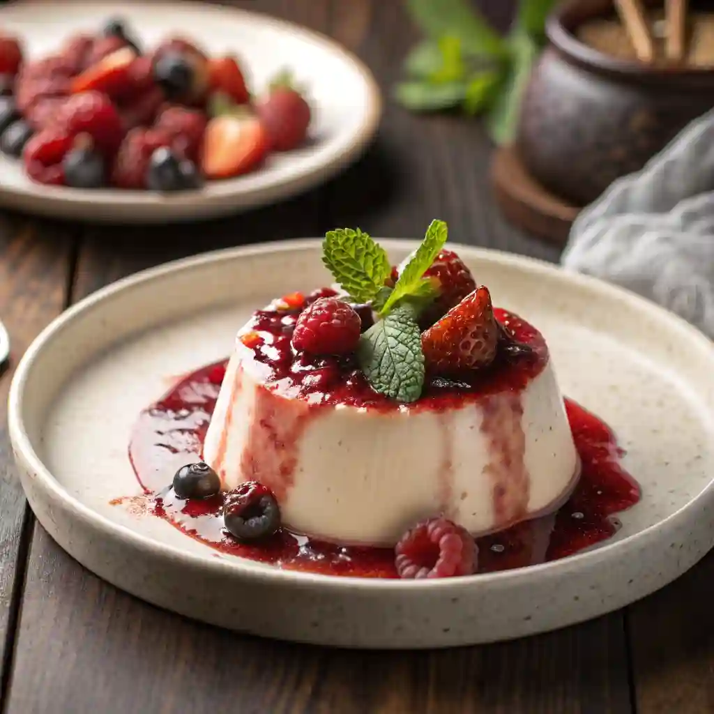 An unmolded panna cotta with berry sauce, garnished with fresh raspberries and a sprig of mint, served on a rustic plate.