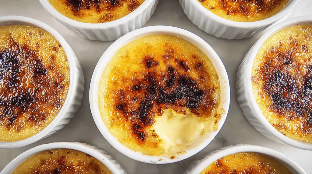Overhead view of multiple crème brûlée in white ramekins, one with a scoop taken from its caramelized sugar top, revealing the creamy custard.