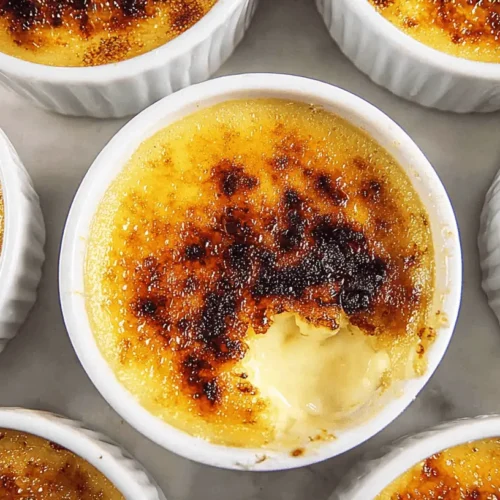 Easy Crème Brûlée Recipe: Classic Vanilla Custard with a Perfect Sugar Crust 4 Overhead view of multiple crème brûlée in white ramekins, one with a scoop taken from its caramelized sugar top, revealing the creamy custard.