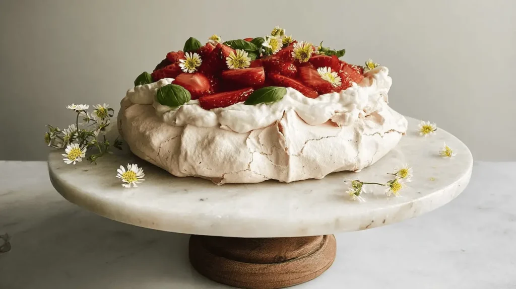 Exquisitely presented pavlova featuring a crisp meringue, fresh strawberries, and whipped cream, inspiring a perfect pavlova recipe.