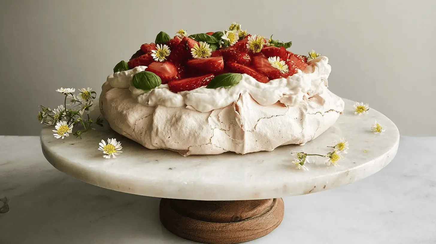 The Ultimate Pavlova Recipe: Crispy Shell, Marshmallow Center 1 Exquisitely presented pavlova featuring a crisp meringue, fresh strawberries, and whipped cream, inspiring a perfect pavlova recipe.