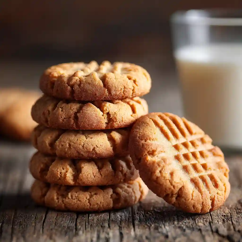 A stack of soft and chewy 3 ingredient peanut butter cookies with classic crosshatch fork marks on a wooden table.