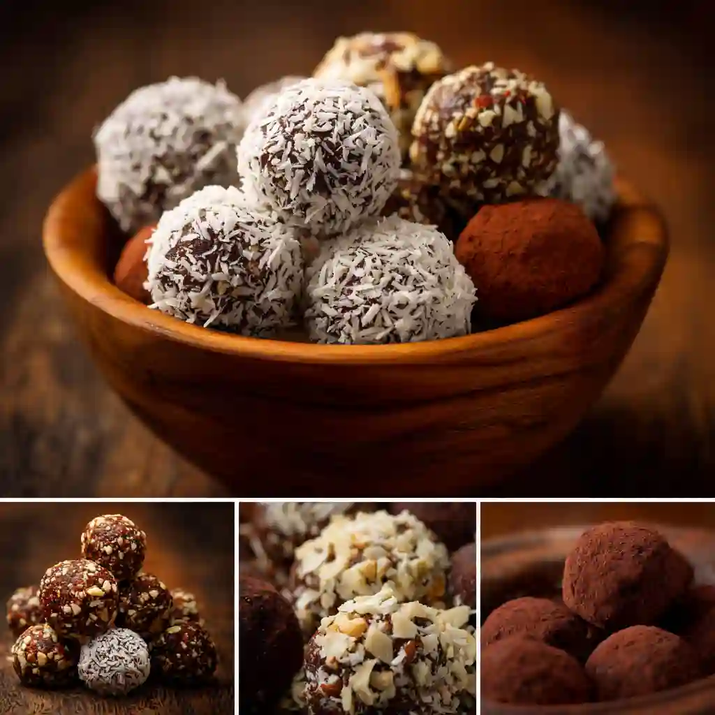 Delicious No Bake Gluten Free Desserts You Need to Try 6 Macro shot of gluten free energy bites and chocolate truffles rolled in coconut flakes and cocoa powder.