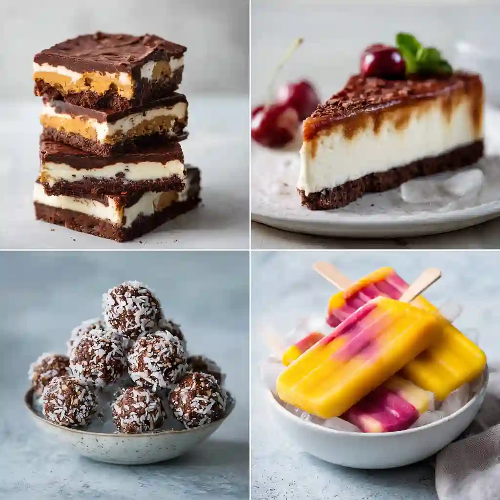 Delicious No Bake Gluten Free Desserts You Need to Try 2 Top-down view of easy no bake gluten free desserts including chocolate peanut butter bars, cherry cheesecake, and mango popsicles on a marble table.