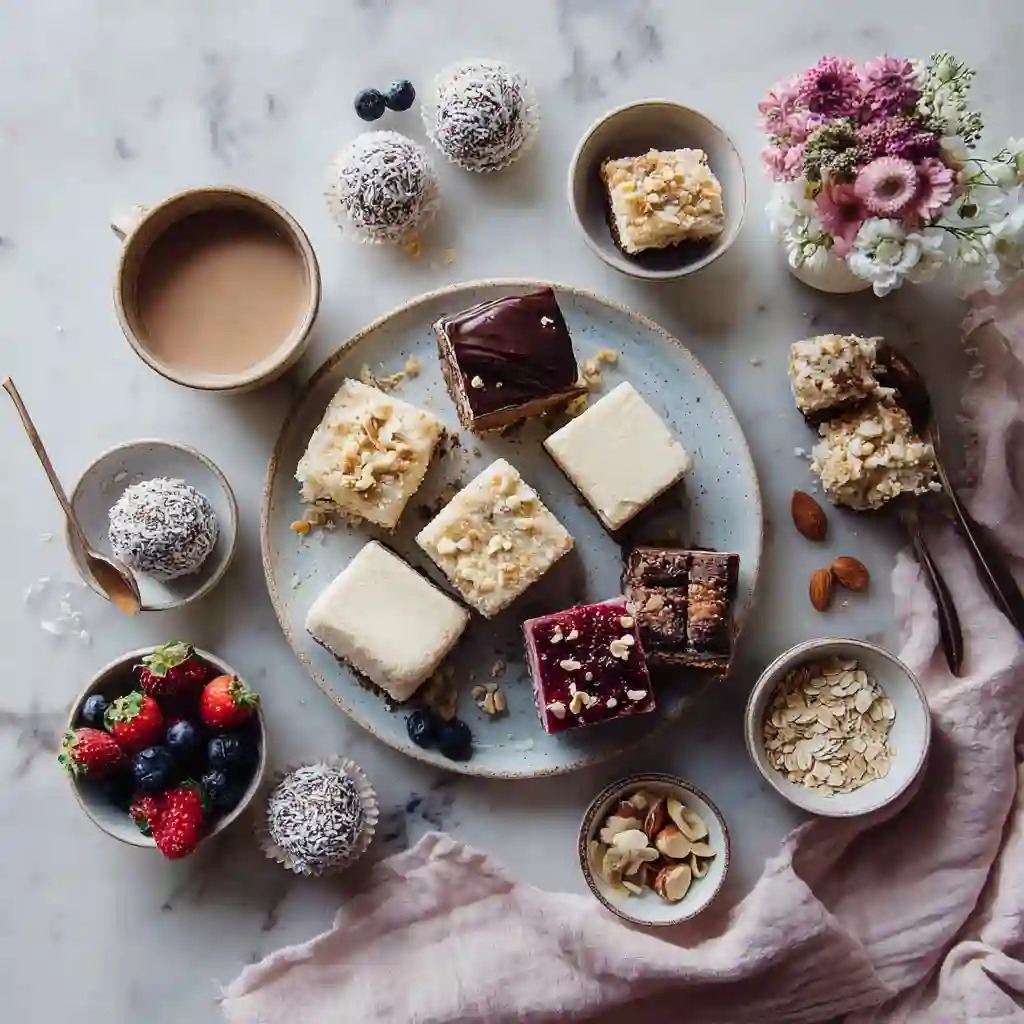 Featured image showing assorted no bake gluten free desserts on a marble table