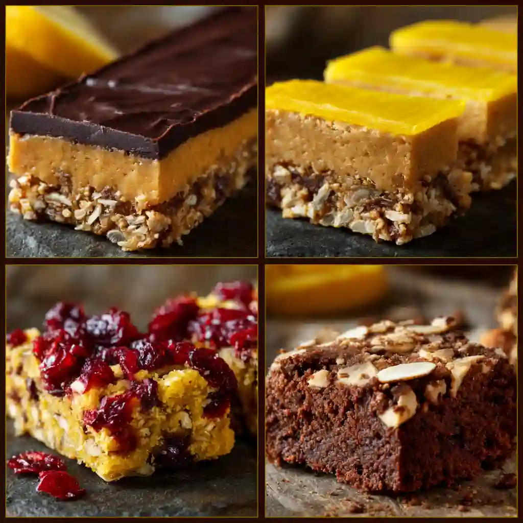 Delicious No Bake Gluten Free Desserts You Need to Try 3 Assortment of no bake gluten free desserts: bars featuring chocolate peanut butter bars, lemon coconut slices, and cranberry oat bars.