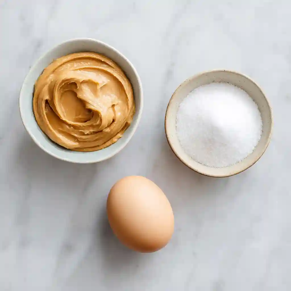 The only ingredients needed: creamy peanut butter, white sugar, and one egg arranged on a counter.