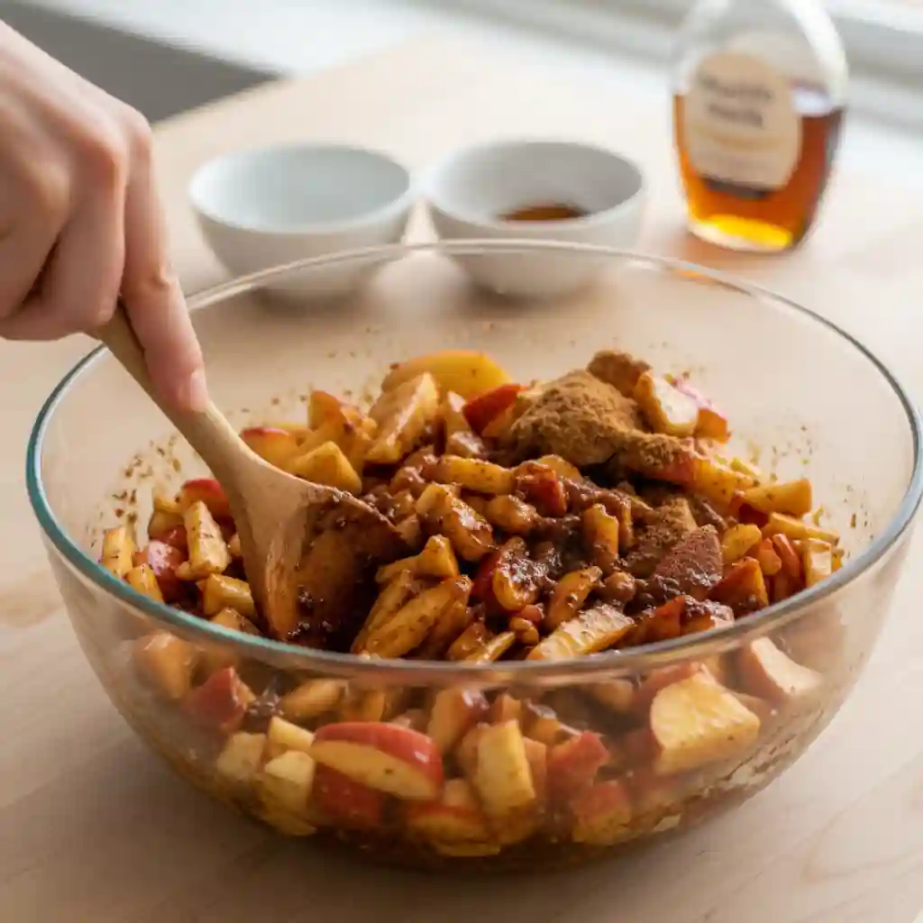 Easy Gluten Free Apple Crisp Recipe That Everyone Will Love 3 Mixing chopped apples with spices and sweeteners for the gluten free apple crisp filling