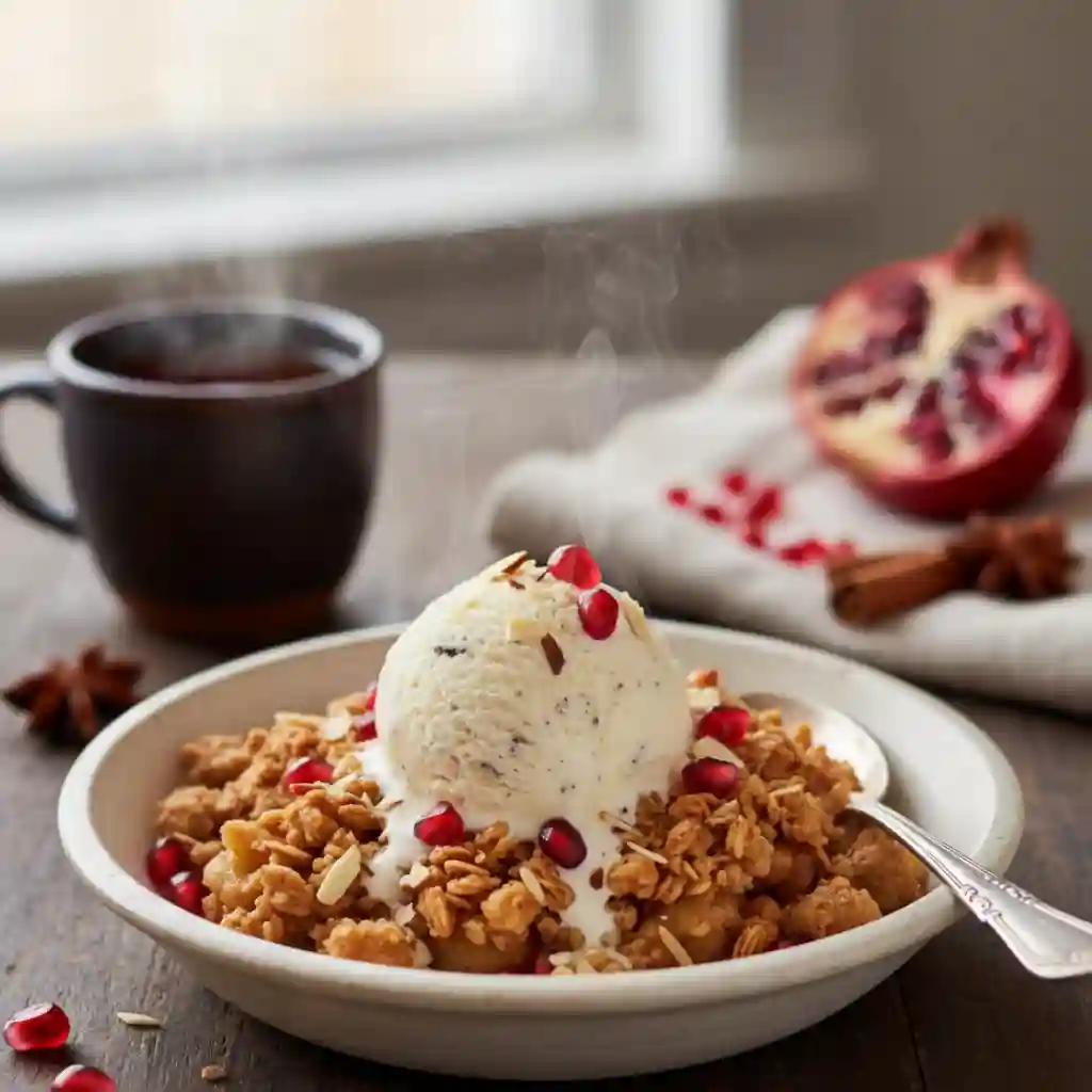 A warm serving of gluten free apple crisp with vanilla ice cream and pomegranate arils.