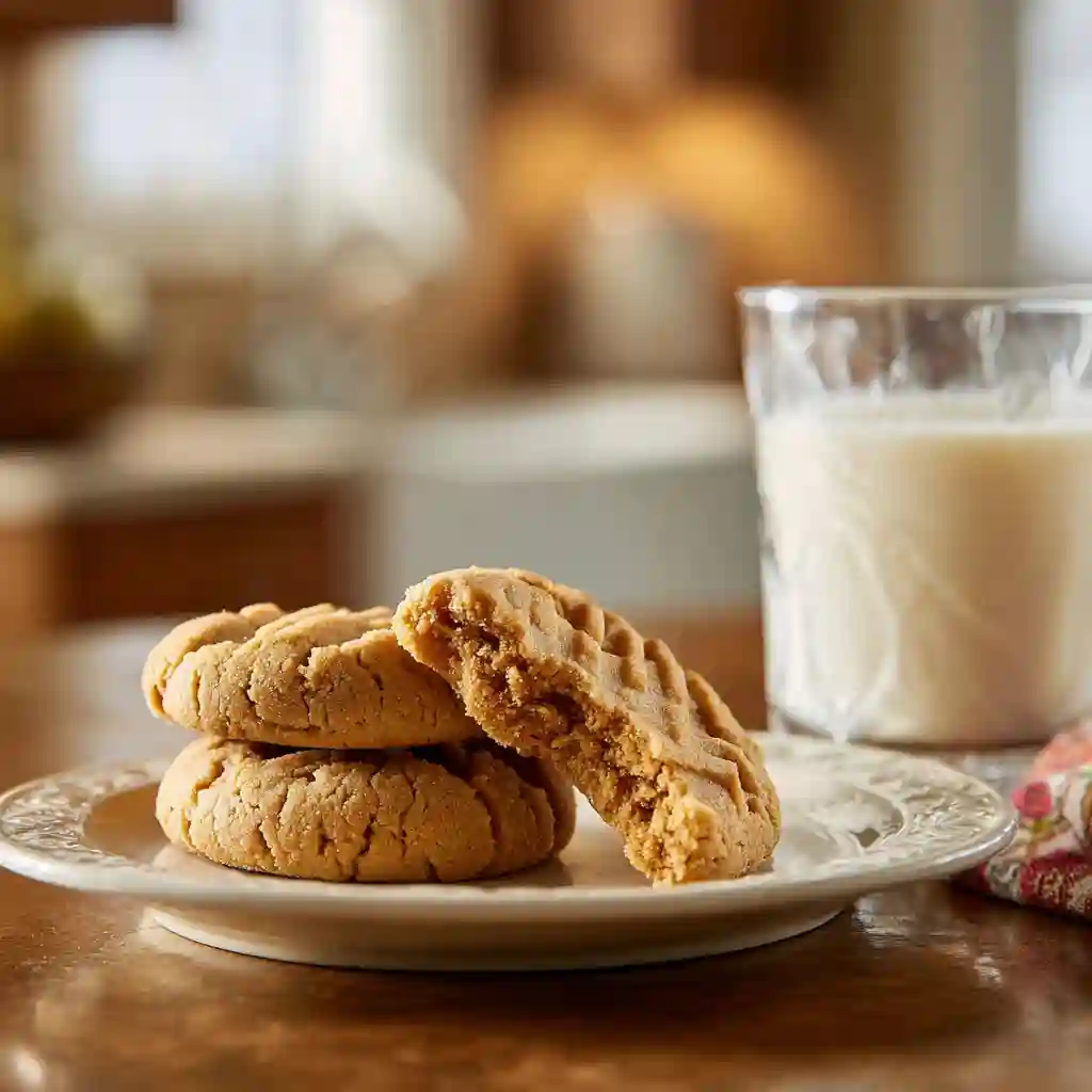 A stack of soft 3 ingredient peanut butter cookies on a plate with one broken in half to show the chewy flourless texture, served next to a glass of milk.