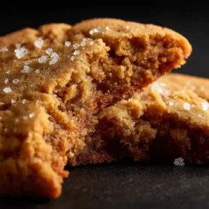 A close-up view of a broken 3 ingredient peanut butter cookie showing the soft, chewy inside texture.